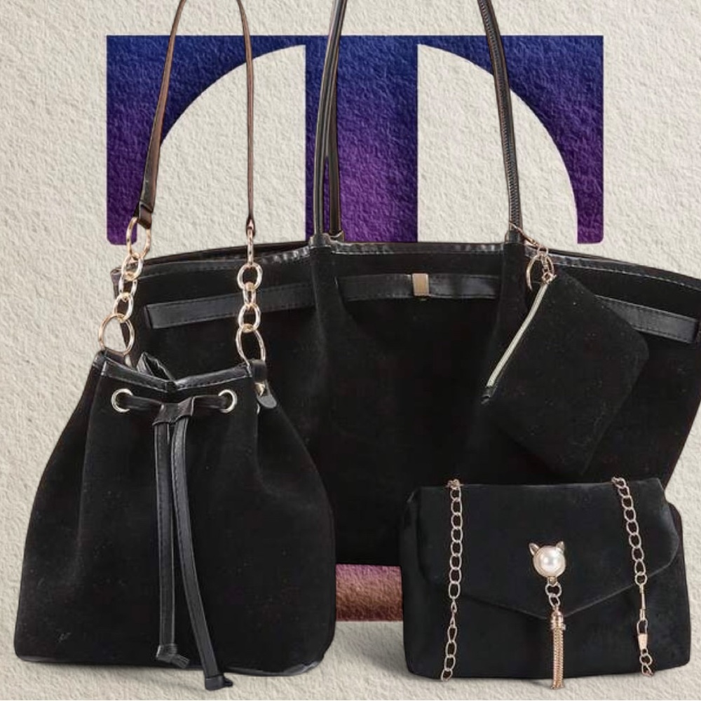Black Suede Tote & Shoulder Bag Set -Elegant Everyday Carry- Bundle of four #35
